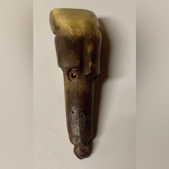 Antique Folk Artisan Hand Carved Bull Horn Figural Dog Head Cane Handle - Picture 3 of 16